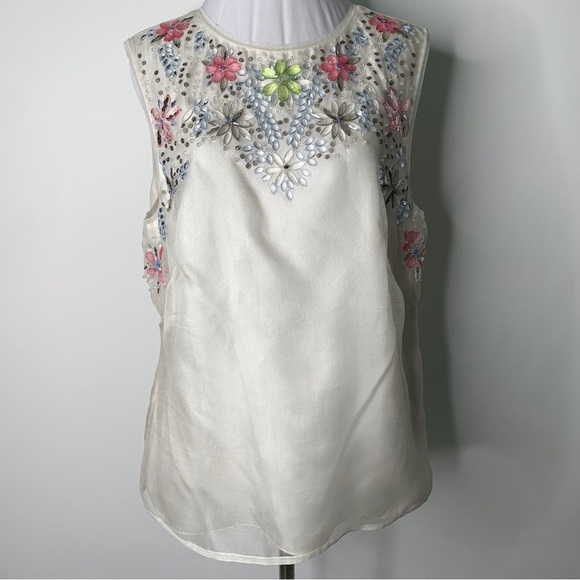 NWT Max Studio Women's White 100% Silk Sleeveless Beaded Blouse Top Size 12 - Picture 1 of 12